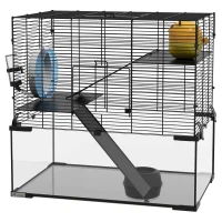 PawHut 3 Tiers Hamster Cage, Gerbil Cage with Deep Glass Bottom, Non-Slip Ramps, Platforms, Hut, Exercise Wheels, Water Bottle, Dish, for Syrian Hamster, Dwarf Hamster, 60 x 40 x 57cm(m-11)