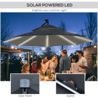 Outsunny 3(m) Cantilever Banana Parasol Hanging Umbrella with LED Solar lights, Crank, 8 Sturdy Ribs and Cross Base for Outdoor, Garden, Patio, Black(m-4)