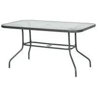 Outsunny Garden Dining Table Glass Top Metal Frame with Parasol Hole Outdoor Balcony Grey 140L x 80Wcm(m-1)
