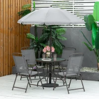 Outsunny 6 Piece Patio Dining Set with Umbrella, 4 Folding Dining Chairs & Round Tempered Glass Table for Garden, Backyard and Poolside, Grey(m-2)