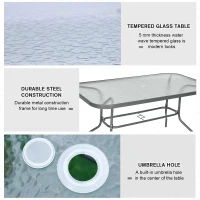 Outsunny Garden Dining Table Glass Top Metal Frame with Parasol Hole Outdoor Balcony Grey 140L x 80Wcm(m-6)