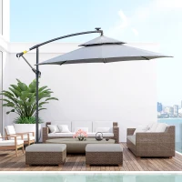 Outsunny 3m Cantilever Parasol, Hanging Parasol, with Double Roof, LED Solar lights, Crank, 8 Sturdy Ribs and Cross Base for Outdoor, Garden(m-10)