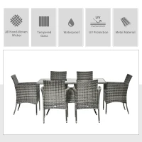 Outsunny 6-Seater Rattan Garden Table & Chairs, Rattan Dining Set, Garden Furniture Patio Rectangular Table Cube Chairs Outdoor, Grey(m-4)