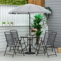 Outsunny 6 Piece Patio Dining Set with Umbrella, 4 Folding Dining Chairs & Round Tempered Glass Table for Garden, Backyard and Poolside, Grey(m-10)