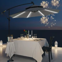 Outsunny 3m Cantilever Parasol, Hanging Parasol, with Double Roof, LED Solar lights, Crank, 8 Sturdy Ribs and Cross Base for Outdoor, Garden(m-2)