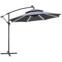 Outsunny 3m Cantilever Parasol, Hanging Parasol, with Double Roof, LED Solar lights, Crank, 8 Sturdy Ribs and Cross Base for Outdoor, Garden(m-1)