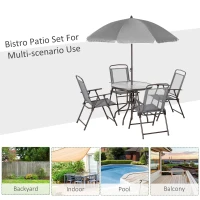 Outsunny 6 Piece Patio Dining Set with Umbrella, 4 Folding Dining Chairs & Round Tempered Glass Table for Garden, Backyard and Poolside, Grey(m-7)