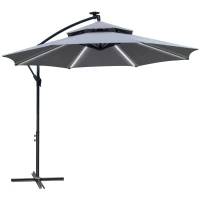 Outsunny 3m Cantilever Parasol, Hanging Parasol, with Double Roof, LED Solar lights, Crank, 8 Sturdy Ribs and Cross Base for Outdoor, Garden(m-11)