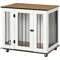 PawHut Dog Crate Furniture, Dog Cage End Table, with Wheels, for Medium Dogs, 80 x 60 x 76.5cm  - White(m-11)