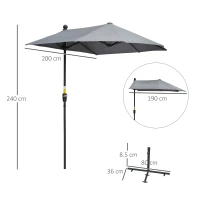 Outsunny 2m Half Parasol Market Umbrella Garden Balcony Parasol with Crank Handle, Base, Double-Sided Canopy, Dark Grey(m-3)