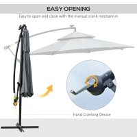 Outsunny 3m Cantilever Parasol, Hanging Parasol, with Double Roof, LED Solar lights, Crank, 8 Sturdy Ribs and Cross Base for Outdoor, Garden(m-5)