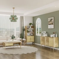 HOMCOM Bibliothèque style naturel 3 étagères placard 2 portes aspect bois et cannage 80 x 37 x 163 cm bois naturel(m-2)