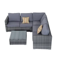 Outsunny 4 PCs Rattan Garden Furniture Sets Wicker Patio Conservatory Dining Set with Corner Sofa Loveseat Coffee Table Cushions for Balcony Backyard Pool, Grey(m-7)