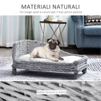 PawHut Cuccia per Animali Domestici Forma Chaise Longue in Vimini Grigio Cuscino in Pile 69x42x33cm(m-7)
