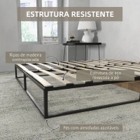 HOMCOM Estrutura de Cama de Aço Altura 25 cm Estrado de Cama para Colchão 180x200 cm com Ripas de Madeira para 1-2 Pessoas Preto(m-6)