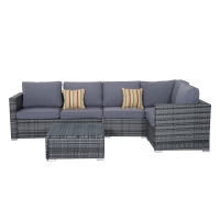 Outsunny 4 PCs Rattan Garden Furniture Sets Wicker Patio Conservatory Dining Set with Corner Sofa Loveseat Coffee Table Cushions for Balcony Backyard Pool, Grey
