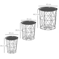 HOMCOM Juego de 3 Mesas Auxiliares Apilables Cestas de Metal con Bandeja Extraíble y Espacio de Almacenamiento Estilo Moderno para Salón Sofá Diámetro Ø43 Ø35 y Ø30 Gris(m-3)