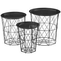HOMCOM Juego de 3 Mesas Auxiliares Apilables Cestas de Metal con Bandeja Extraíble y Espacio de Almacenamiento Estilo Moderno para Salón Sofá Diámetro Ø43 Ø35 y Ø30 Gris(m-1)