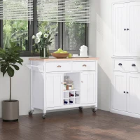 HOMCOM Carrito Auxiliar de Cocina con Ruedas Isla de Cocina Multiusos con Cajones Botellero Armarios Cerrados y Estante Cajón Blanco 113x45x89cm(m-2)
