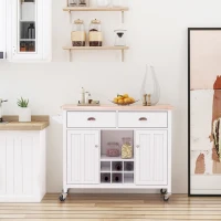 HOMCOM Carrito Auxiliar de Cocina con Ruedas Isla de Cocina Multiusos con Cajones Botellero Armarios Cerrados y Estante Cajón Blanco 113x45x89cm(m-9)