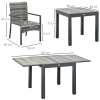 Outsunny Set pentru gradina 7 bucati cu masa extensibila si 6 scaune, mobilier pentru gradina din ratan PE cu perne, gri si maro(m-3)