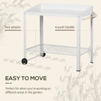 Outsunny Metal Outdoor Gardening Bench with 2 Wheels Side Hanger Potting Table Bottom Mesh Shelf Push Cart White(m-6)