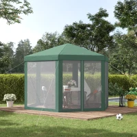 Outsunny 3.94 x 3.94m Outdoor Party Tent Hexagon Sun Shelter Canopy with Protective Mesh Screen Walls & Proper Sun Protection, Green(m-9)
