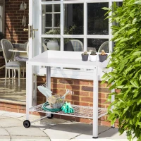 Outsunny Metal Outdoor Gardening Bench with 2 Wheels Side Hanger Potting Table Bottom Mesh Shelf Push Cart White(m-10)