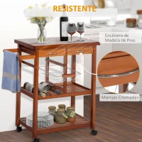 HOMCOM Carrito de Cocina Mesa Servicio Auxiliar Madera y Metal Cromado con 4 Ruedas 2 Cajones y Botellero(m-6)