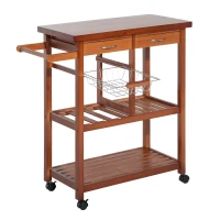 HOMCOM Carrito de Cocina Mesa Servicio Auxiliar Madera y Metal Cromado con 4 Ruedas 2 Cajones y Botellero(m-1)