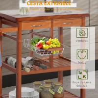 HOMCOM Carrito de Cocina Mesa Servicio Auxiliar Madera y Metal Cromado con 4 Ruedas 2 Cajones y Botellero(m-7)