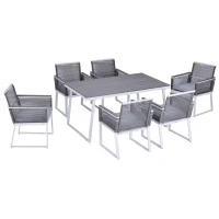 Outsunny 7 PCS Dining Set with 6 PE Rattan Cushioned Chairs & 1 Rectangle Table, Modern Outdoor Patio Furniture for Porch, Patio, Balcony, Indoor, Light Grey(m-1)