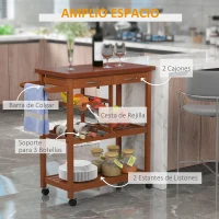 HOMCOM Carrito de Cocina Mesa Servicio Auxiliar Madera y Metal Cromado con 4 Ruedas 2 Cajones y Botellero(m-4)