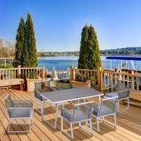 Outsunny 7 PCS Dining Set with 6 PE Rattan Cushioned Chairs & 1 Rectangle Table, Modern Outdoor Patio Furniture for Porch, Patio, Balcony, Indoor, Light Grey(m-10)