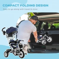 HOMCOM 4 in 1 Tricycle for Kids Toddler Folding Trike with Parent Handle Reversible Seat Adjustable Handle Removable Canopy Safety Belt for 18 Months to 5 Years Blue(m-5)