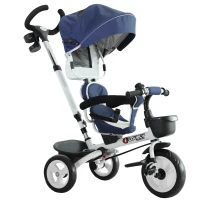 HOMCOM 4 in 1 Tricycle for Kids Toddler Folding Trike with Parent Handle Reversible Seat Adjustable Handle Removable Canopy Safety Belt for 18 Months to 5 Years Blue(m-1)