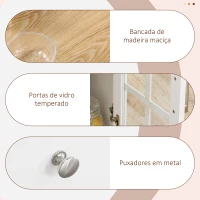HOMCOM Carrinho de Cozinha com Rodas 2 Gavetas 3 Portas de Vidro Suporte para Panos e Temperos 124,5x39,5x90 cm Branco e Madeira(m-7)