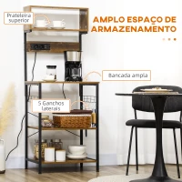HOMCOM Estante de Cozinha Móvel Auxiliar de Cozinha com Ficha 2 Carregadores USB Ganchos e Prateleira Ajustável 60x42x153 cm Marrom Rústico(m-6)