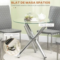 HOMCOM  Set de masa din 5 piese, mMsa de bucatarie rotunda moderna din sticla si scaune pentru 4 persoane, Masa economisitoare de spatiu cu scaun din piele PU, Picioare de otel(m-5)