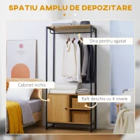 HOMCOM Cuier industrial , suport pentru haine, suport pentru haine cu tija de agatat, rafturi deschise si dulap inchis pentru dormitor si intrare, Natural(m-4)