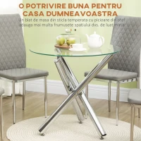 HOMCOM  Masa rotunda pentru 2-4 persoane, masa de bucatarie moderna cu blat din sticla cu picioare de otel, Φ80cm(m-4)