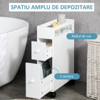 kleankin Dulap  de baie subtire cu 4 roti rulante, dulap de depozitare de sine statator cu 2 sertare si raft deschis, suport pentru hartie igienica pentru spatiu mic, alb(m-4)