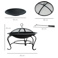 Outsunny Outdoor Metal Round Fire Pit with Poker Handle Φ56cm Wood Burning Heater with Mesh Cover for Camping Black(m-3)