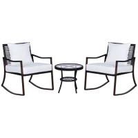 Outsunny 3 Pieces Outdoor PE Rattan Garden Rocking Chair Set w/ Soft Cushion, Rocking Bistro Set with Glass Top Round Coffee Table, Pillow, Brown(m-1)