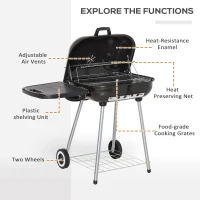 Outsunny Outdoor Portable Steel Charcoal Grill with Anti-scaling Handle, Wheels,Shelves Heat Control for Outdoor BBQ Picnic Camping Black(m-4)