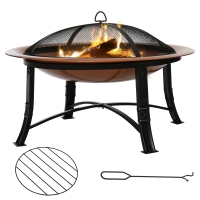 Outsunny Outdoor Steel Round Fire Pit with Poker, Wood Log Grate, Φ76cm, Mesh Cover with Handle, for Patio, Camping Black/Bronze