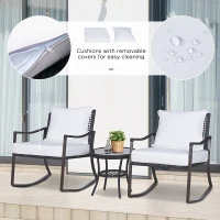 Outsunny 3 Pieces Outdoor PE Rattan Garden Rocking Chair Set w/ Soft Cushion, Rocking Bistro Set with Glass Top Round Coffee Table, Pillow, Brown(m-7)