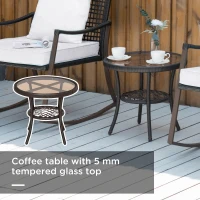 Outsunny 3 Pieces Outdoor PE Rattan Garden Rocking Chair Set w/ Soft Cushion, Rocking Bistro Set with Glass Top Round Coffee Table, Pillow, Brown(m-4)
