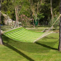Outsunny Double Cotton Hammock Camping Swing Outdoor Garden Beach Stripe Hanging Bed with Pillow 188L x 140W cm, Green(m-10)