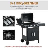 Outsunny Gasgrill mit 3 Hauptbrennern + 1 Seitenbrenner, Ablage, rostfreier Stahl, schwarz, 110 x 50 x 100 cm(m-5)